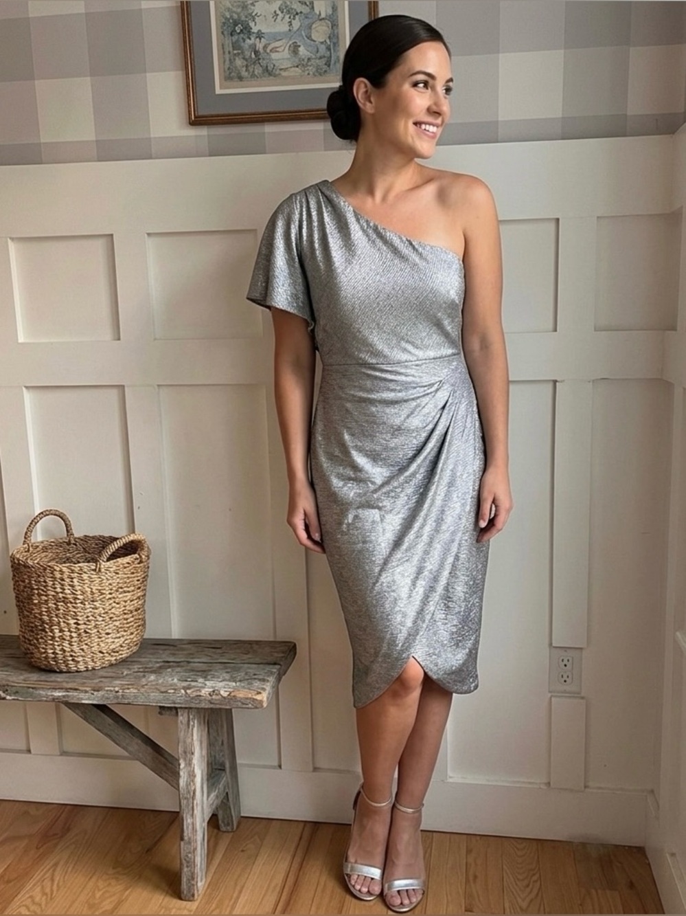Melonie Silver One-Shoulder Dress Size 2 Resort‎ Cocktail Fancy Shimmer